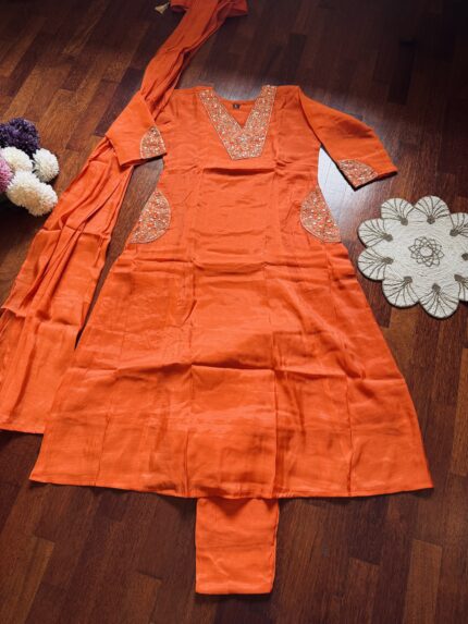 MUL CHANDERI PEARL-WORK KURTA SET