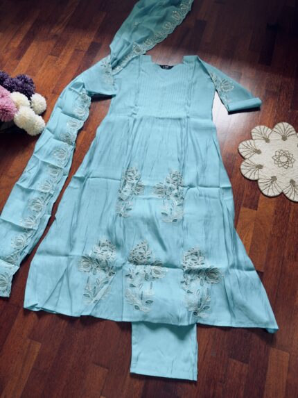 MUL CHANDERI TIFFANY BLUE KURTA SET