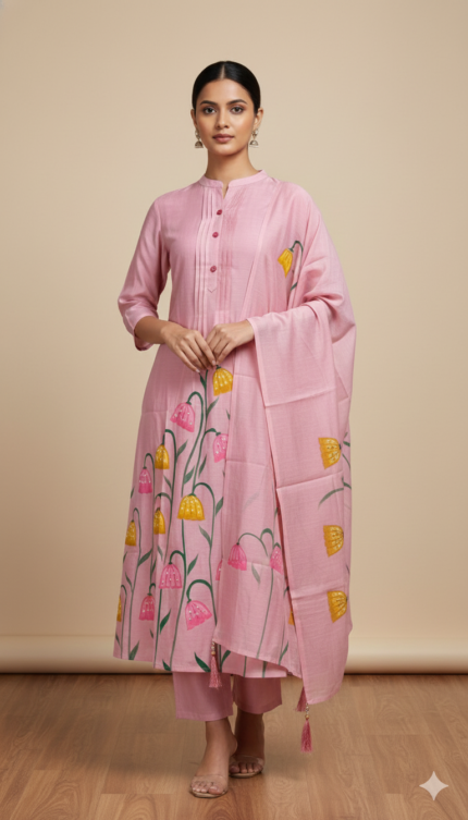 MUL CHANDERI HANDPAINTED KURTA SET
